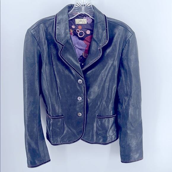 ANTHRO June buttery soft leather velvet detail button up blazer jacket sz L - Picture 1 of 7